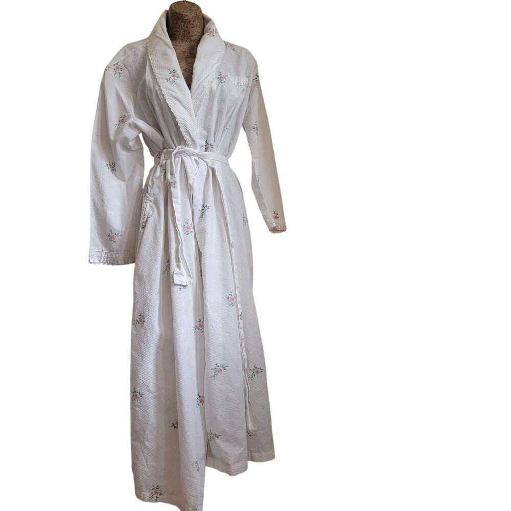 Vtg 80s 90s Granny Core White Floral Long Robe With Lace Accents & Belted Waist